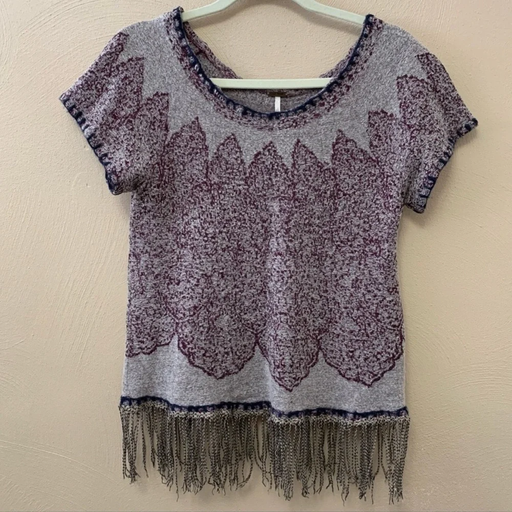 Free People Kilm Medallion Fringe Short Sleeve Boho Sweater. EUC. Sz S/M